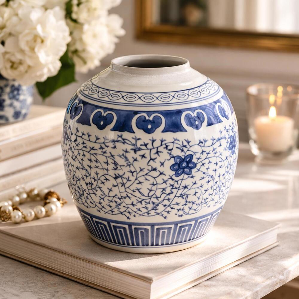 Blue White Chinoiserie Ginger Jar No Lid Floral Jiaqing Mark Decorative Vase